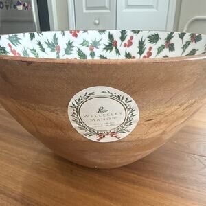 Wood and Melamine Holiday Bowl Holly & Berries Wellesley Manor Christmas 11.75”